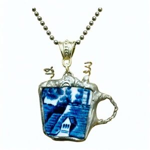 Blue Willow China Cappuccino Pendant With Artisan Silver Detailing & Ball Chain